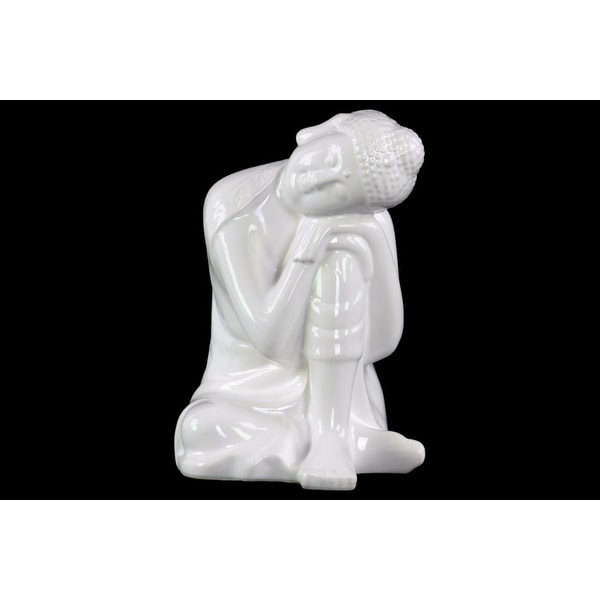 Ceramic Sitting Buddha Figurine With Rounded Ushnisha, Glossy White