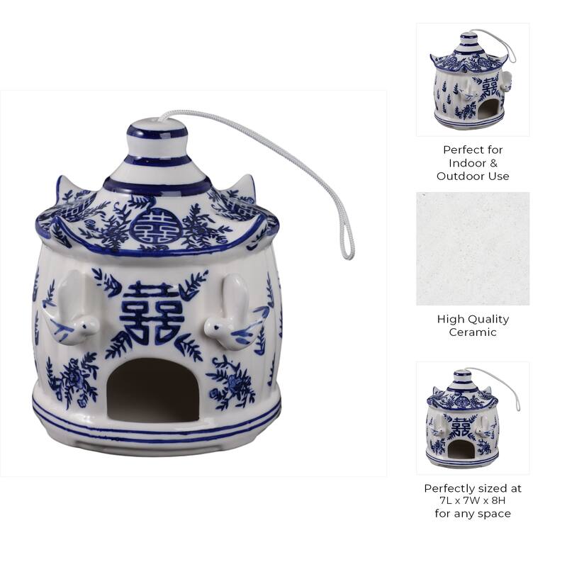 Ceramic Birdhouse Chinoiserie Floral Design Home and Garden Decor - 8" White - 7" x 7" x 8"