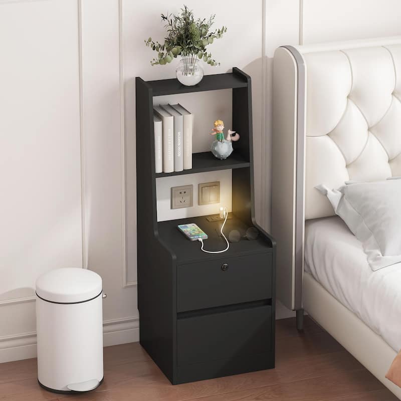 Modern Smart Nightstand with Charging Station and Night Light - Black
