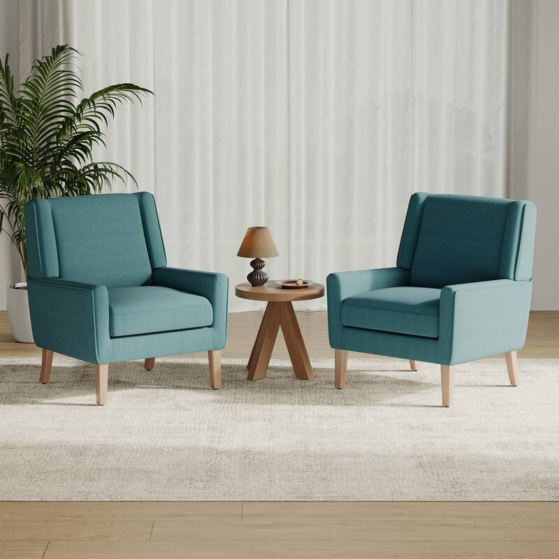 Mid-Century Linen Wing Chair - Tailored Channel Tufting & Walnut Tapered Legs, Compact Accent for Reading Nooks - Set of 2 - Teal