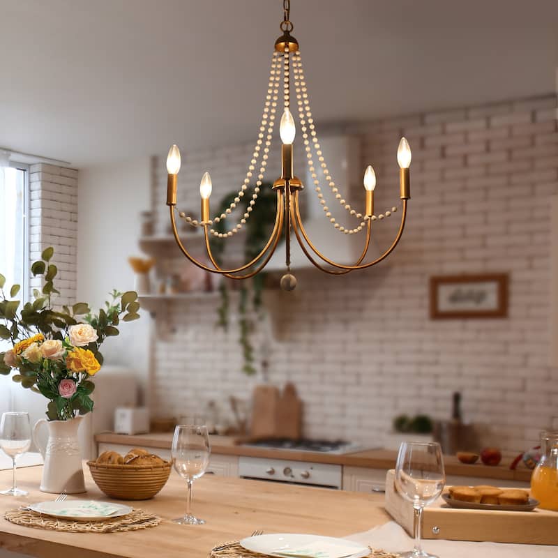 Alisar Mid-century Modern 5-Light Candle Classic Chandelier Wood Beaded Brass Bedroom Pendant