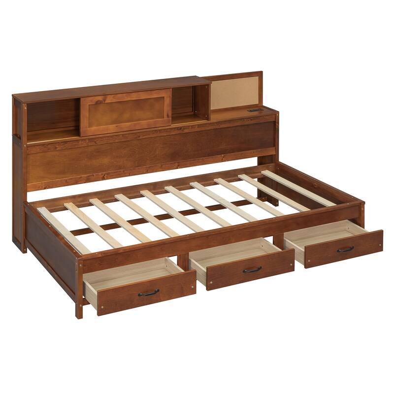 Twin Size Wooden Daybed with Storage Drawers, USB Ports, and Shelf, Walnut Finish