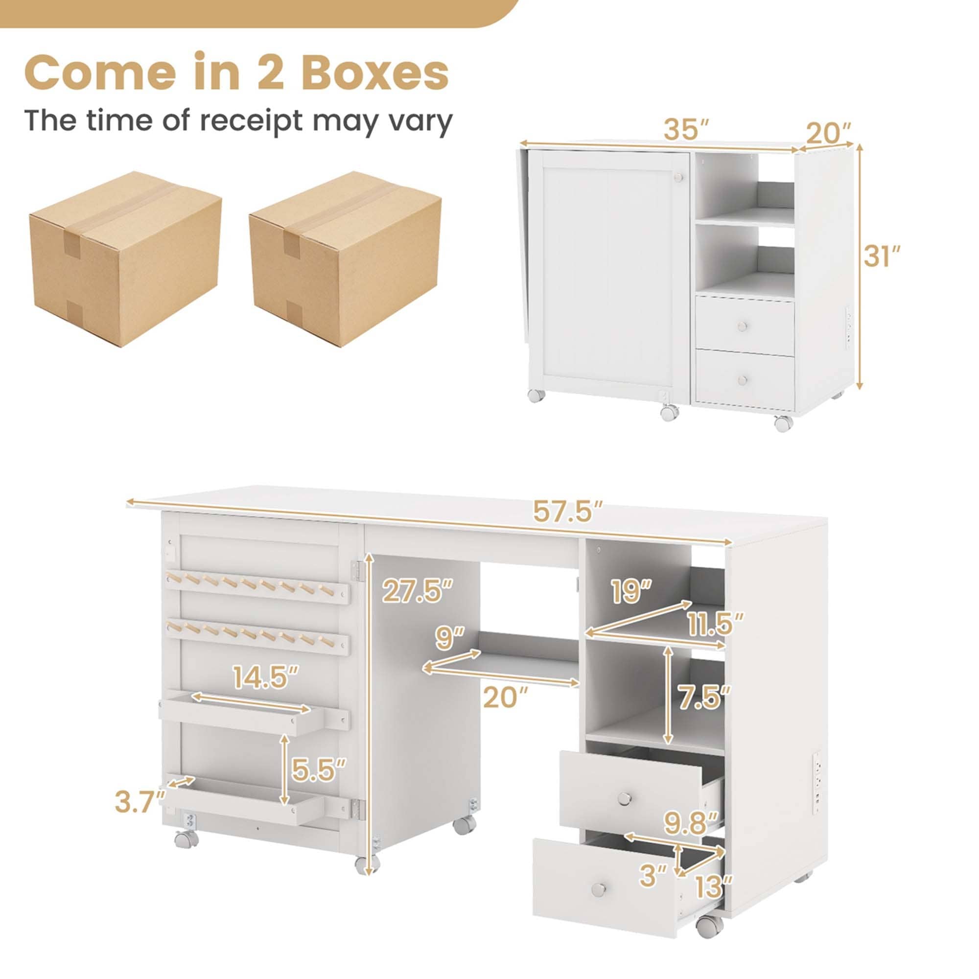 Folding Sewing Cabinet Sewing Machine Table w/ Lockable Casters