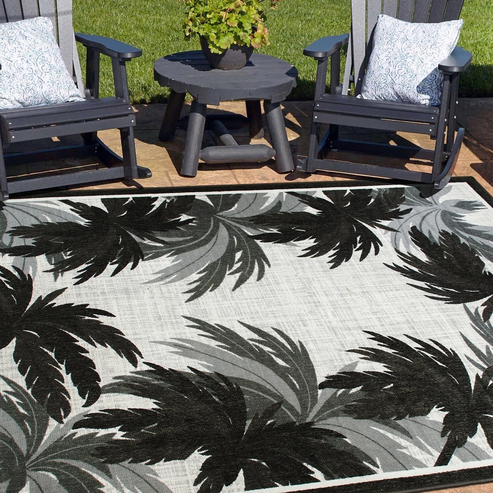 Tropical Floral Border Flatweave Indoor/Outdoor Area Rug