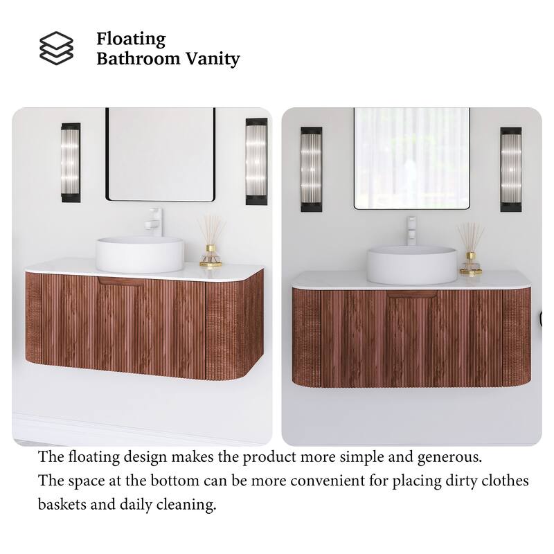Plywood Wall-Mounted Bathroom Vanity Set with Integrated Ceramic Sink in Natural Wood