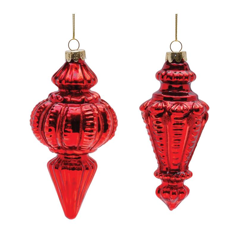 Ribbed Glass Finial Christmas Ornaments - 6.5" - Red - 6ct