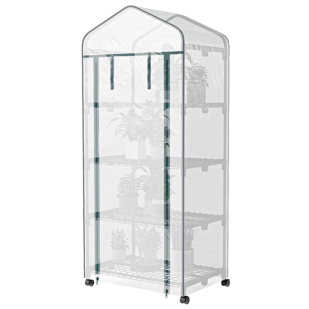 Portable Greenhouse, Outdoor Hot House Plant Flower Greenhouse with 4 Tier Shelves, PE Cover, White