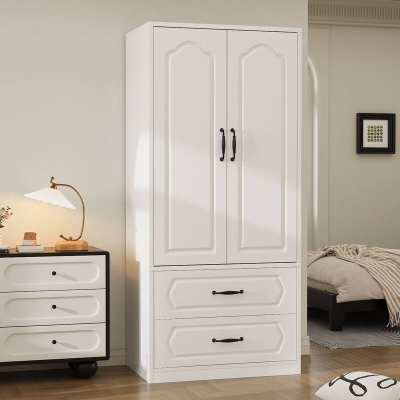 69" Wooden Armoire Wardrobe Closet with Drawers, Modern Bedroom Storage Cabinet with Hanging Rod - White