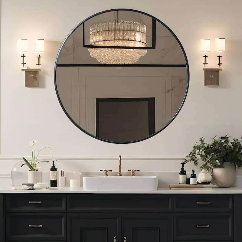 39 Inch Metal Framed Round Bathrrom Mirror for Wall - Black