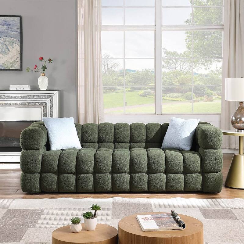 Modern Marshmallow Boucle Sofa with Solid Wood Frame and 2 Pillows