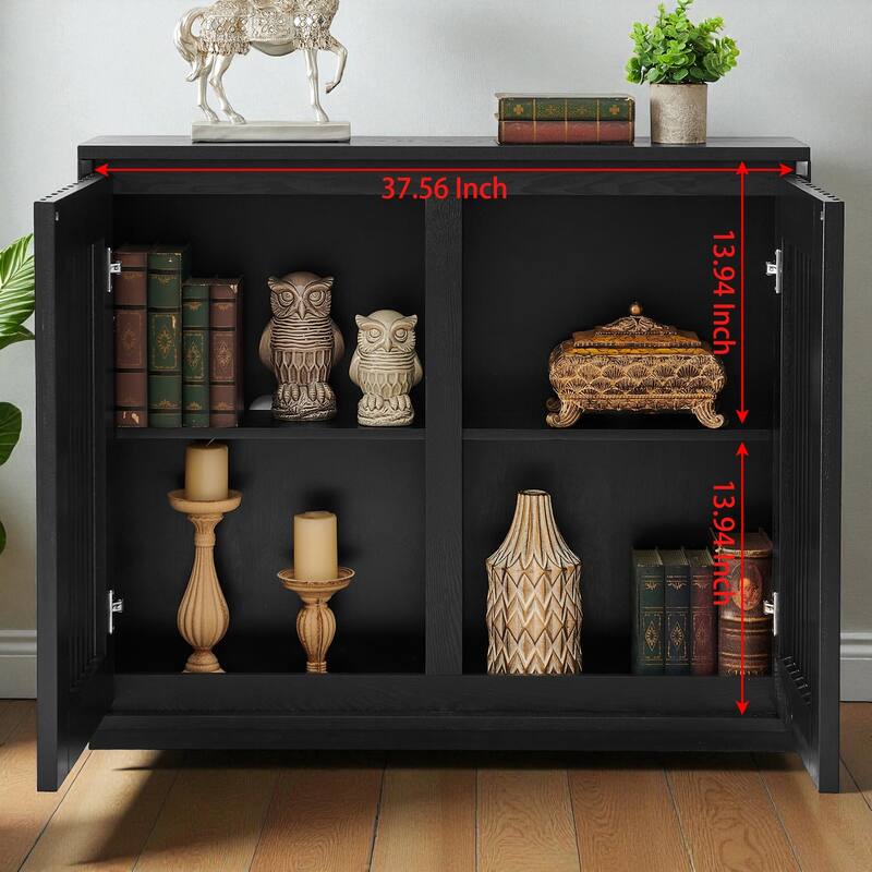 Mid-Century Modern Fluted Sideboard Cabinet with Outlet Holes, Solid Wood Buffet Storage Cabinet for Living Room