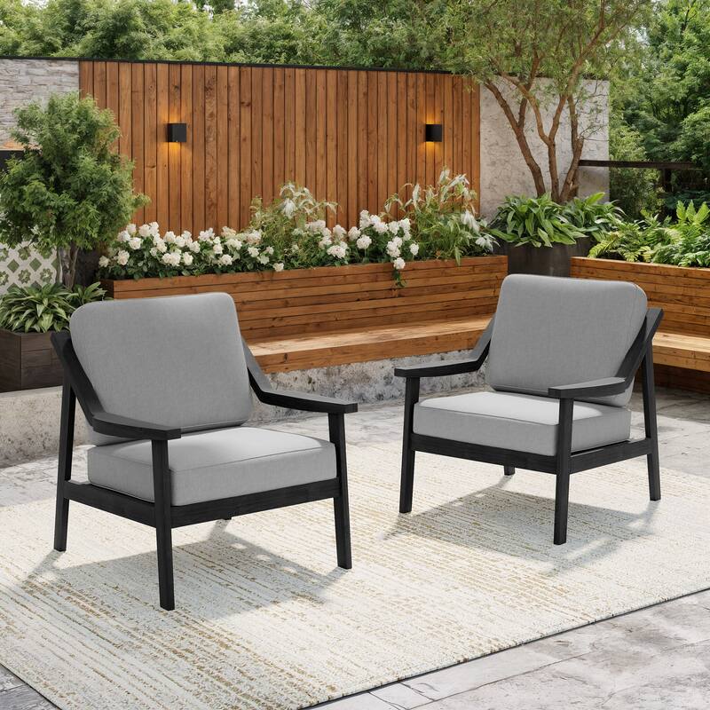 Solid Wood Outdoor Arm Chair Loveseat with Cushion - Black/Grey - 2 Club chairs
