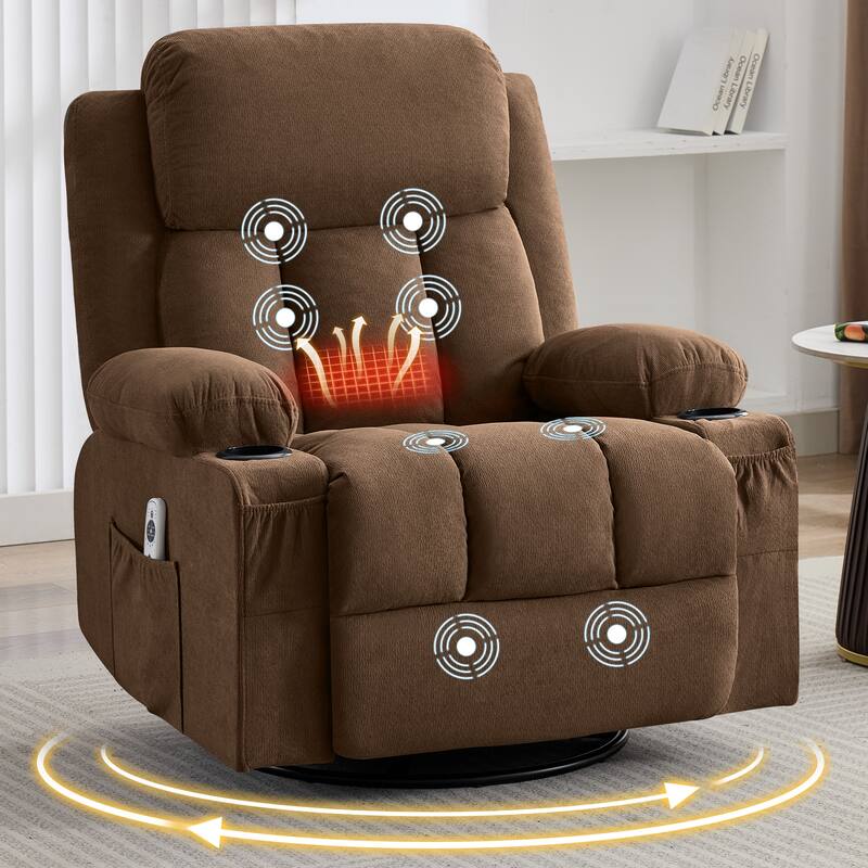 Swivel Rocker Recliner Chair with Vibration Massage & Heat, USB Port & Cup Holders for Living Room
