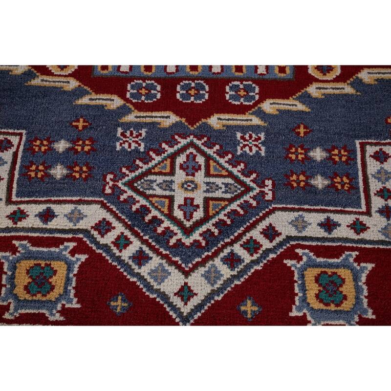 Geometric Kazak Area Rug Hand-Knotted Blue Oriental Wool Carpet - 8'10" x 11'8"