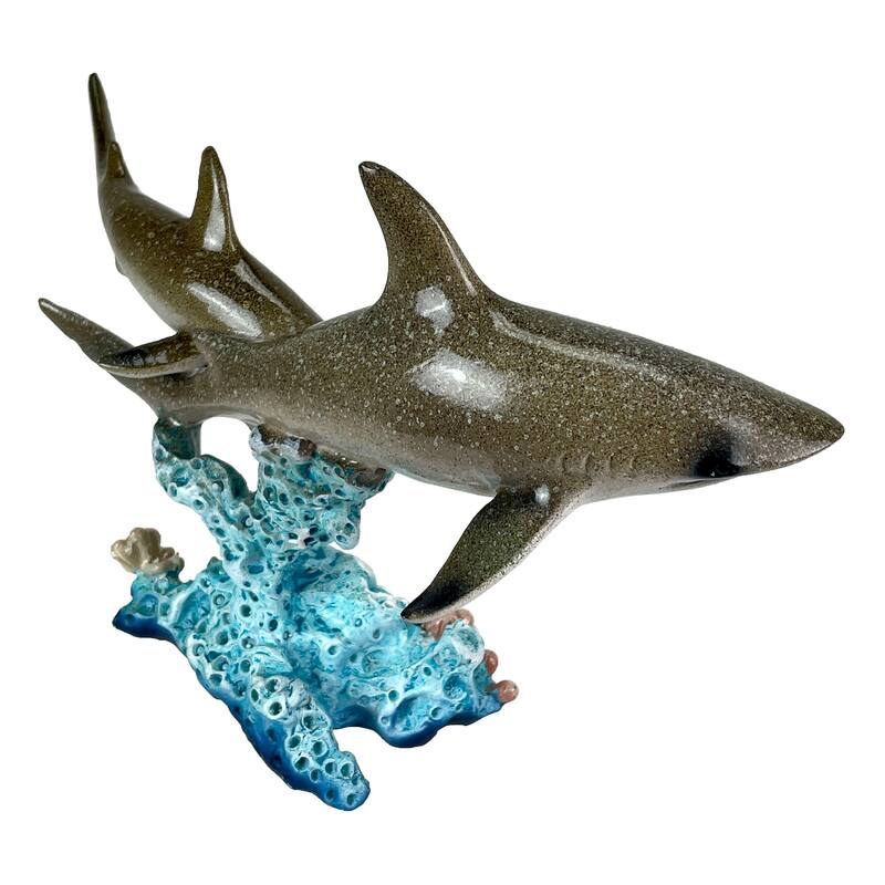 Double Sharks On Coral Statue 10" Hand-Painted Ocean Marine Decor - 6.5 X 10 X 4 inches