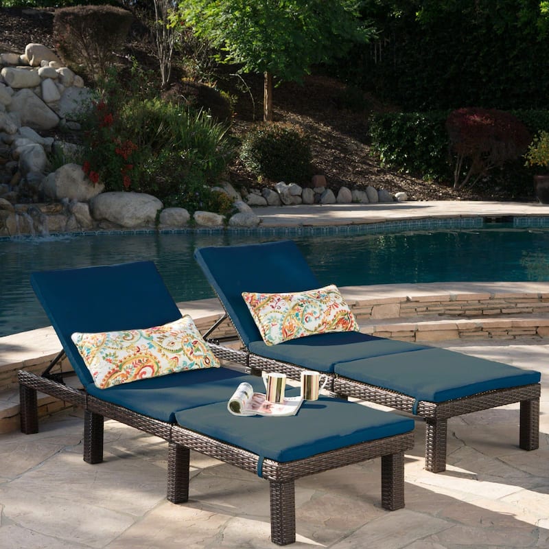 Jamaica Outdoor Chaise Lounge with Cushion (Set of 2) by Christopher Knight Home - Multibrown + Blue Cushion