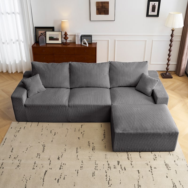 110" Full-Compression Corduroy Ultra-Soft Deep Seat 3-Seater Sectional Sofa for Living Room - Grey(3 Seat+1 Ottomans)