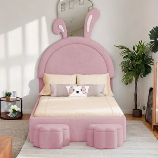 Kids Twin Velvet Upholstered Rabbit-Shape Platform Bed with 2 Storage Stools