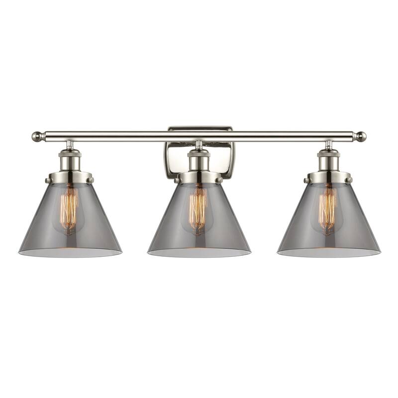 Innovations Lighting 916-3W-13-28 Cone Vanity Cone 3 Light 28" Wide - Polished Nickel / Plated Smoke