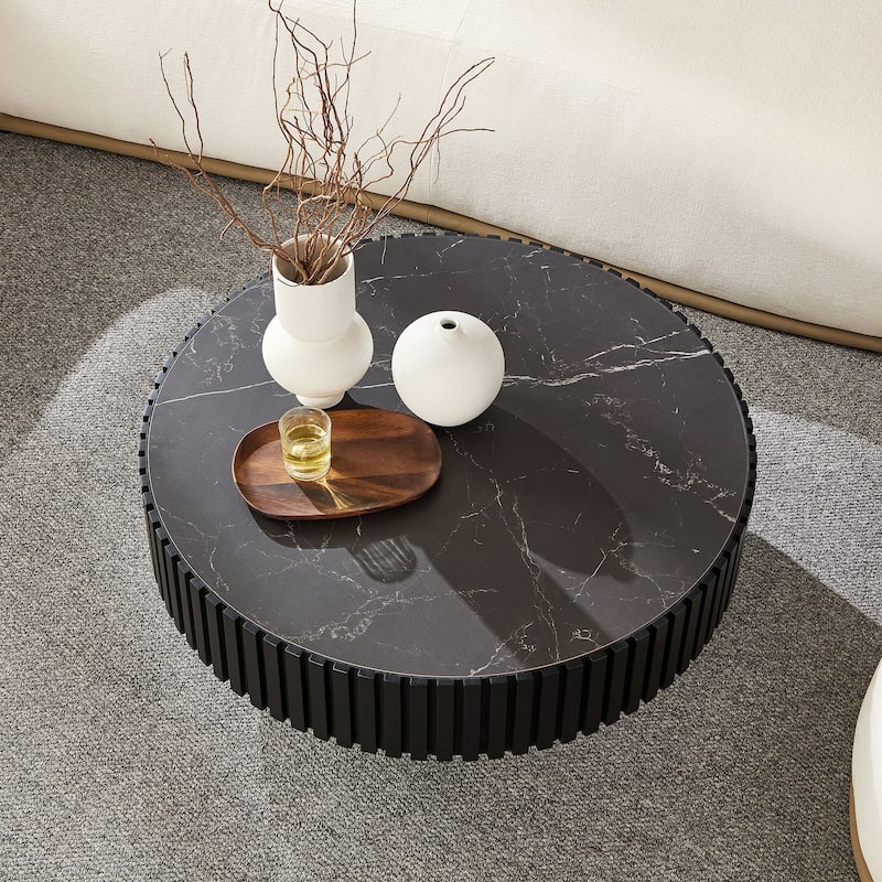 Luxury Round Coffee Table with Faux Marble Top, 35.43" Modern Low Drum Shape Cocktail Table for Living Room, Reception Room