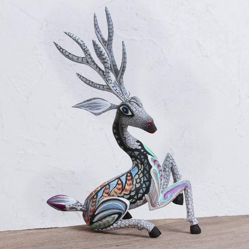 NOVICA Grey Deer, Wood alebrije sculpture - 9.25" H x 6.5" W x 4.6" D