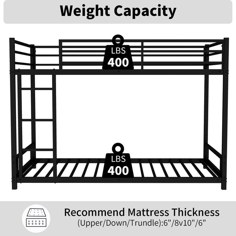 Twin over Twin Metal Bunk Bed with Safety Guardrail, Sturdy Construction, No Box Spring Needed