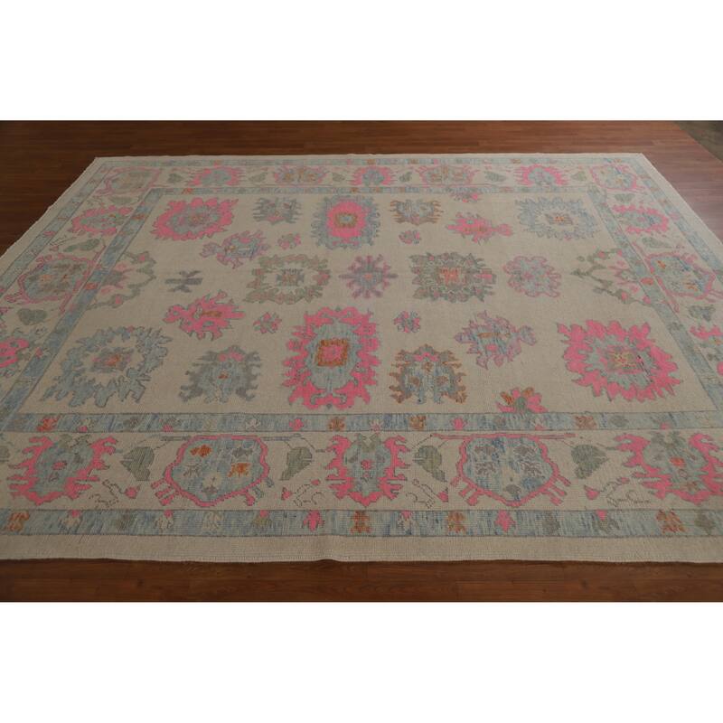 Hand Knotted Oriental 100% Wool Carpet Transitional All-Over Beige & Ivories Oushak Area Rug - 9' 10'' X 8' 1''