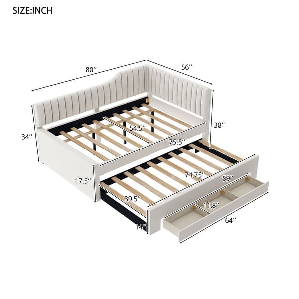 dimension image slide 2 of 4, Daybed Captain Bed Upholstered Bed with Trundle and 3 Drawers, Elegance Stripe Design L-Shaped Upholstered Daybed Platform Bed