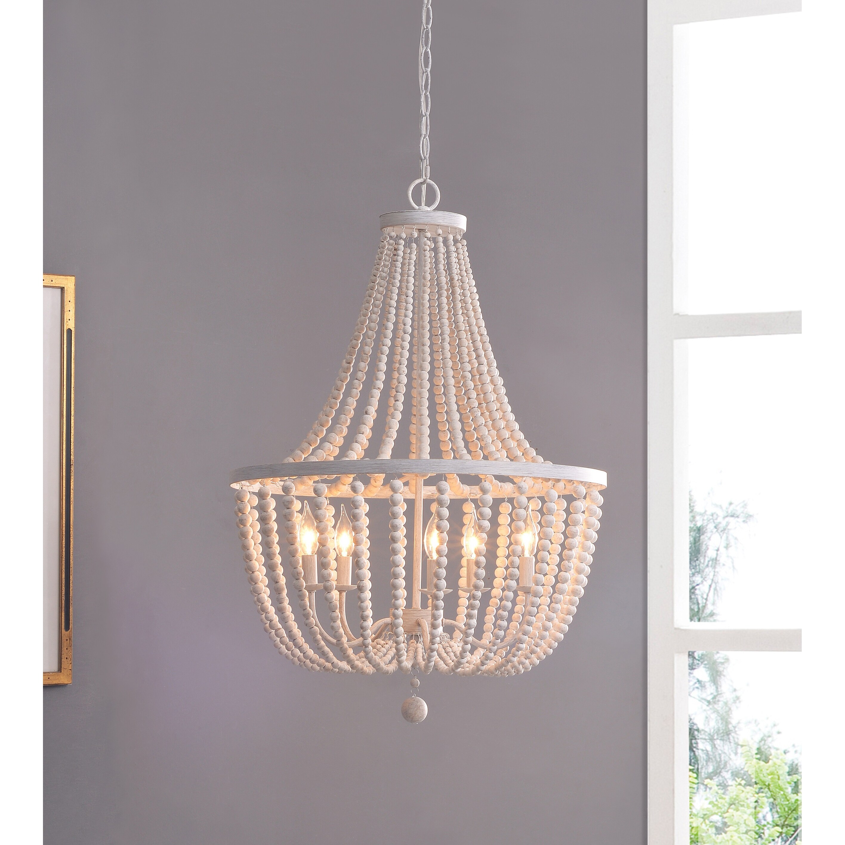 Shop Zander White Wood Bead 5 Light Chandelier Overstock 25443766