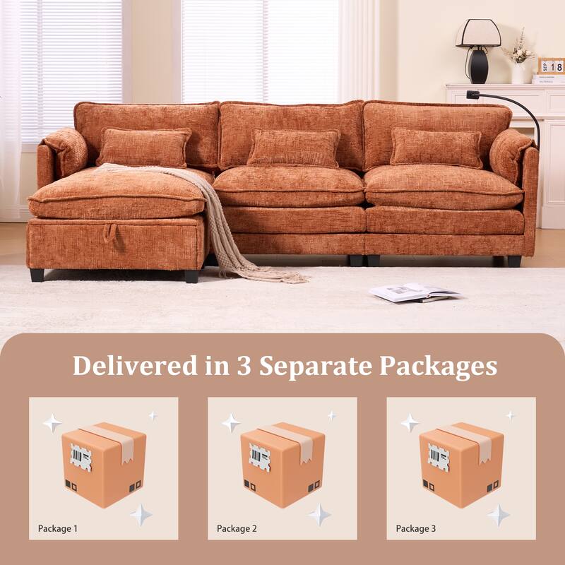GALDWIN Chenille Upholstered L-shaped Modular Sectional Sleeper Sofa with Movable Storage Ottoman,USB&Type-C