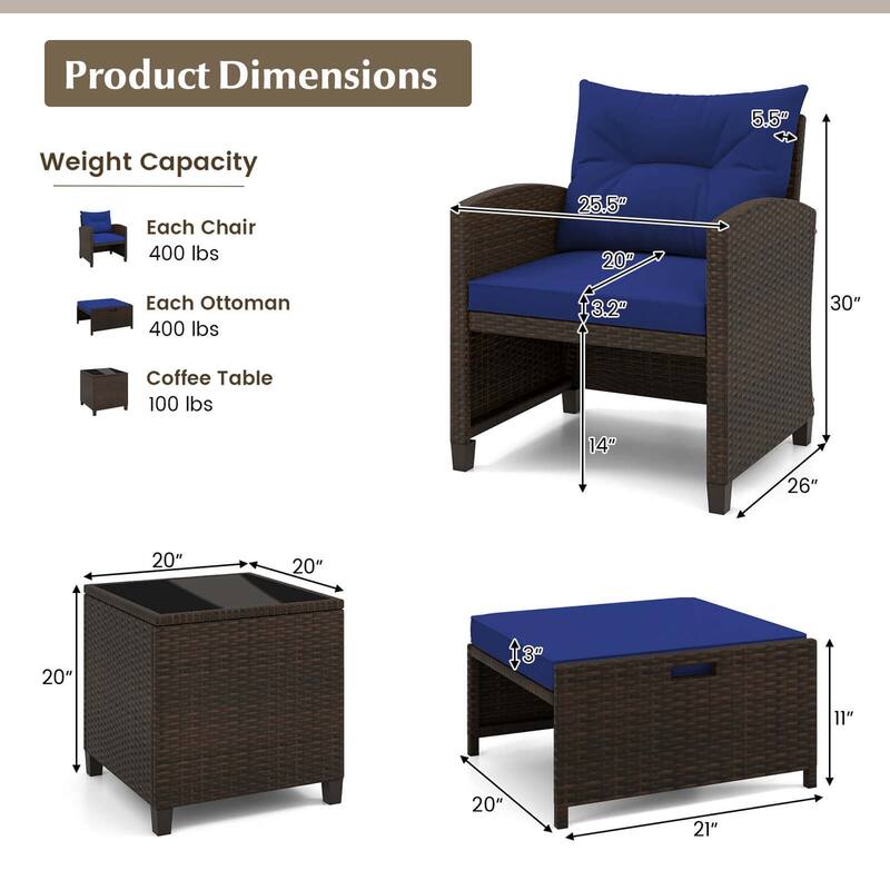 Costway 5 Piece Patio Rattan Furniture with 2 Ottomans & Tempered - See Details