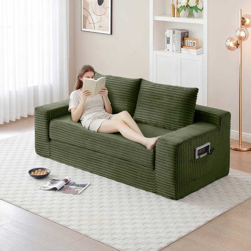 Floor Sofa Couch Convertible Sofa Bed with Storage Pockets, Green Boneless Pull-Out Sofa Bed for Living Room
