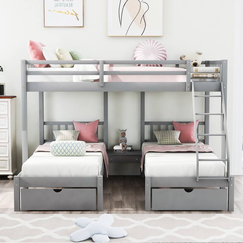 Wood Triple Bunk Bed with Drawers and Guardrails, Full Over Twin & Twin, Gray