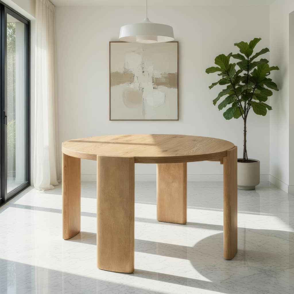 Bowny 47 Inch Dining Table, Round Top, Natural Oak Brown Finish, Solid Wood