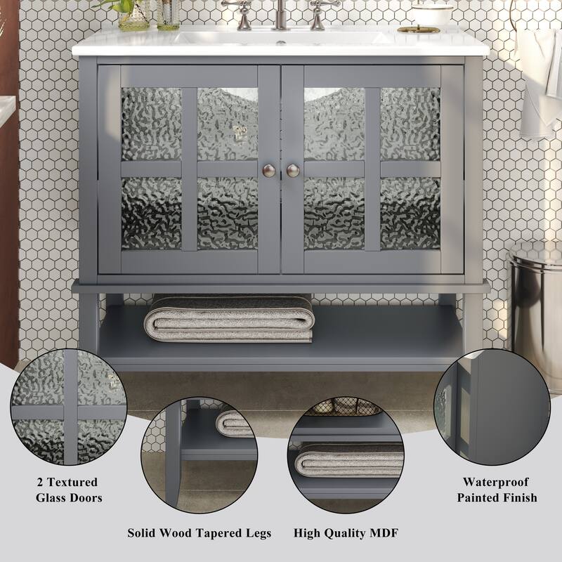 36" Storage Cabinet for Bathroom Vanity with Sink, Textured Glass Doors, Open Shelf, Silver Metal Knobs and Adjustable Shelf