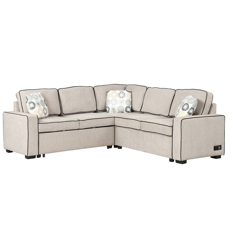 L-Shaped Pull Out Sofa Bed Modern Convertible Sleeper Sofa with 2 USB ports, 2 Power Sockets and 3 Pillows