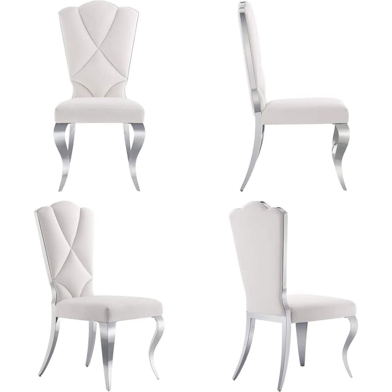 Modern Gorgeous High Back Dining Chairs White Velvet Upholstered Dining Room Chairs with Silver Metal Legs - Set of 4