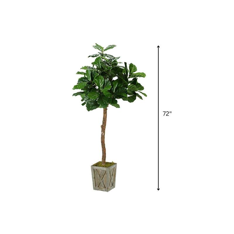HomeStock 6' Fiddle Leaf Fig Tree in Weathered Wood Box Planter - Stylish Faux Plant for Home or Office - 72