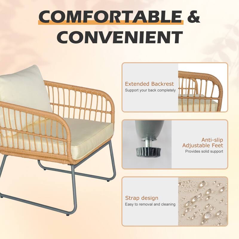 5 Pieces Patio Furniture Set, Outdoor Wicker Patio Conversation Set, Loveseat with Cushion and Pillow, 2 Tempered Glass Table
