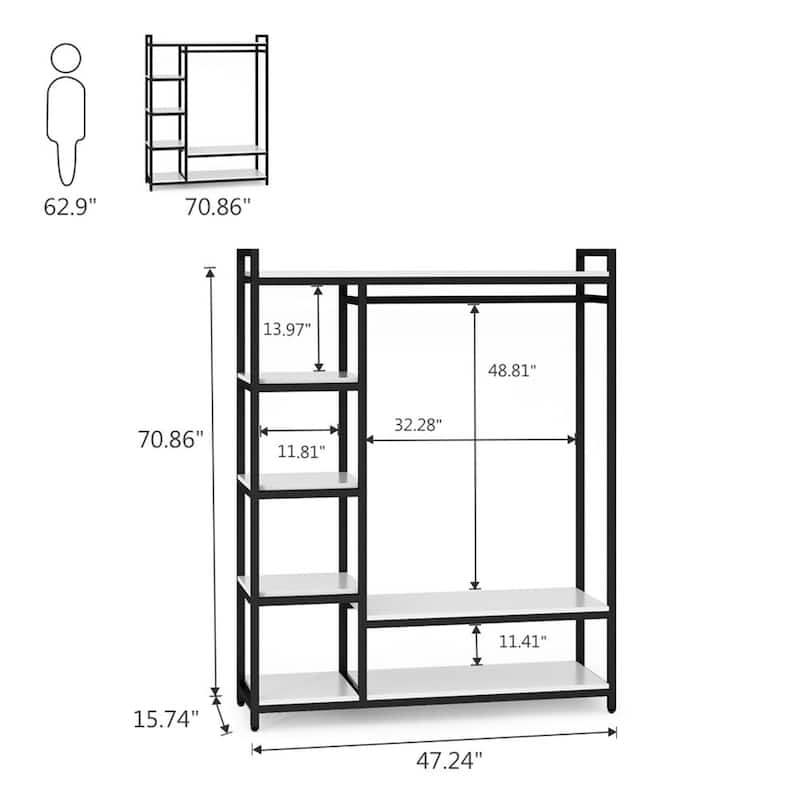 Brown/ Black Wood Industrial Clothing rack with shelves, 5-Tier Clothes Garment Rack Closet Organizer System with Hanging Rod