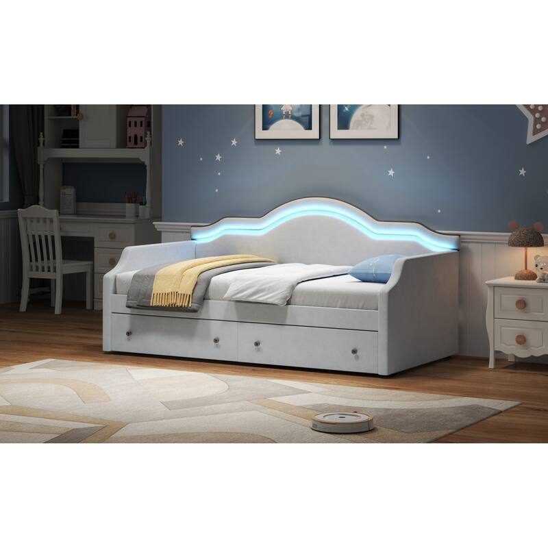 Roomfitters Twin Size Upholstered Daybed with LED Light Strip and Underbed Storage Drawers, Wave Shape Padded Frame, White