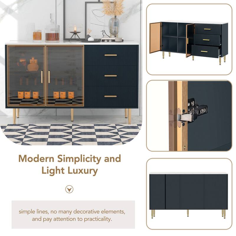 Anmytek Navy Blue Modern Sideboard Buffet Cabinet with Marble Tabletop, Amber Glass Doors and Gold Legs for Living Room