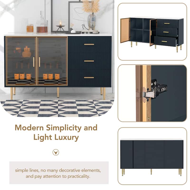 Luxury Storage Cabinet with Gold Metal Legs, Adjustable Shelves, and 3 Drawers