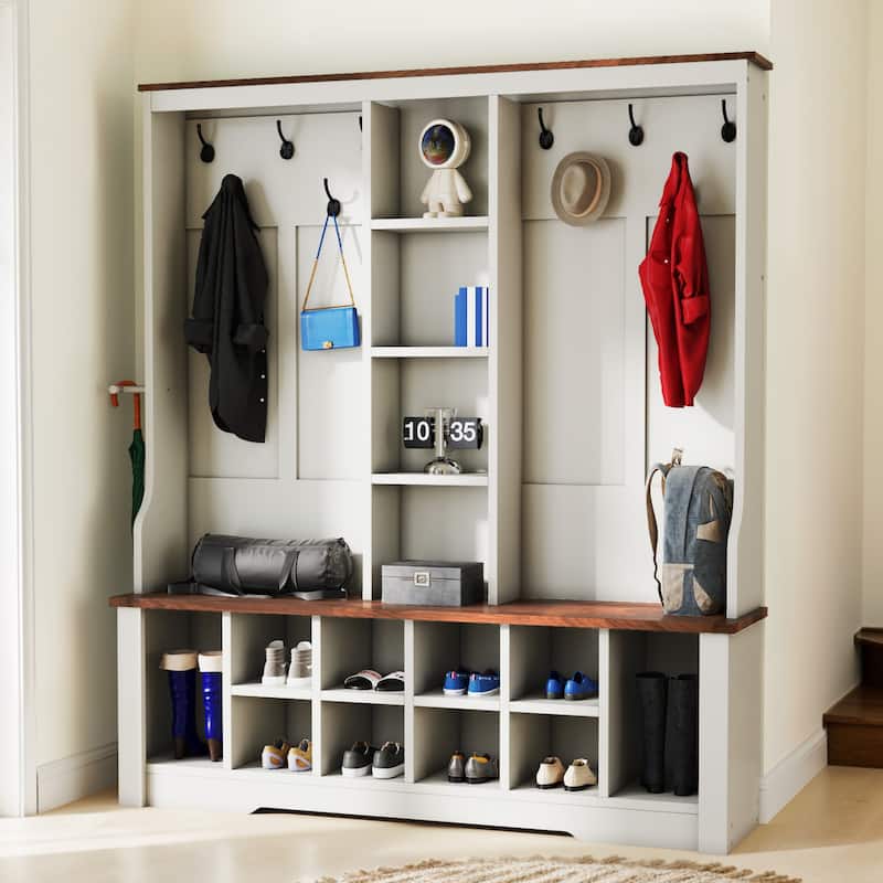 Moasis 59"/39"W Farmhouse Hall Tree Adjustable Shelf Coat Rack with Shoe Storage Bench for Entryway - White/59"W