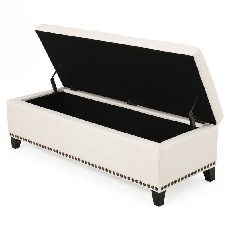Roomfitters Upholstered Storage Ottoman Bench with Nailhead Trim, Entryway or Bedroom Seating, Beige