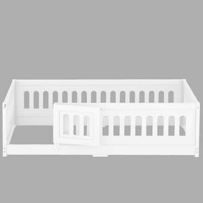Montessori Floor Bed with 22" High Guardrails, Solid Wood Bed with Door, Twin/Full Size for Children