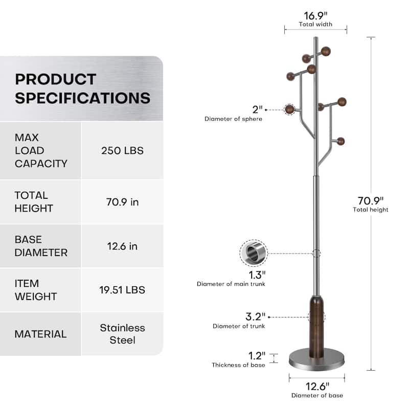 Freestanding Metal Coat Rack Stand Heavy Duty Coat Tree, Single - 70.9"H x 16.9"W(top) x 12.6"Dia(base)