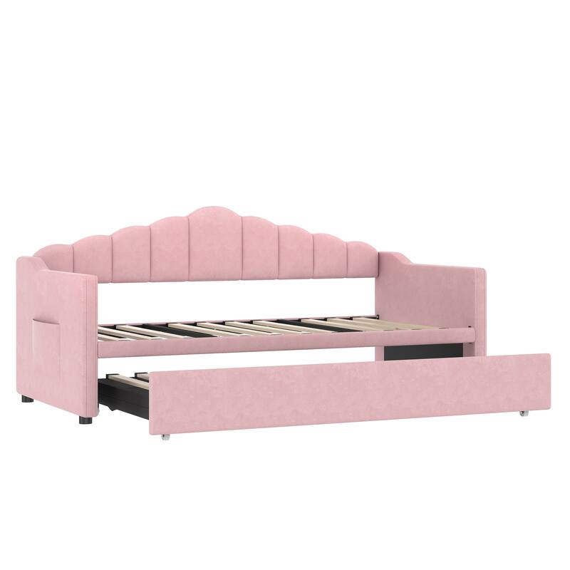 Velvet Upholstered Daybed with Adjustable Height Pop Up Trundle and Charging Station, Twin Size Pull Out Platform Sofa Bed Frame