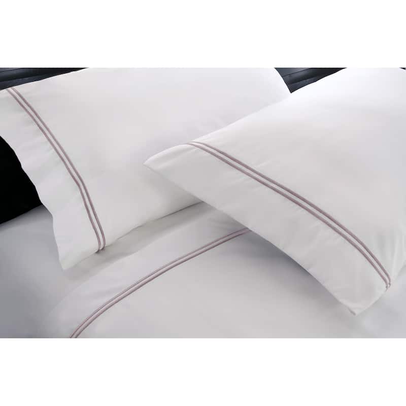 Hotel Suite 4-piece 1200 Thread Count Cotton-rich Embroidery Bed Sheet Set - White/Lilac - Queen