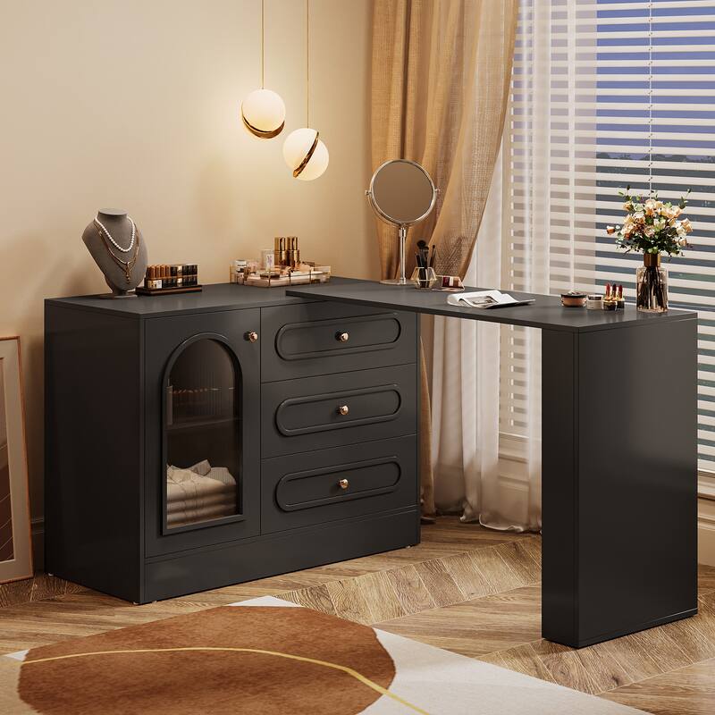 360° Rotatable Vanity Desk with 3 Drawers, Modern White Corner Vanity